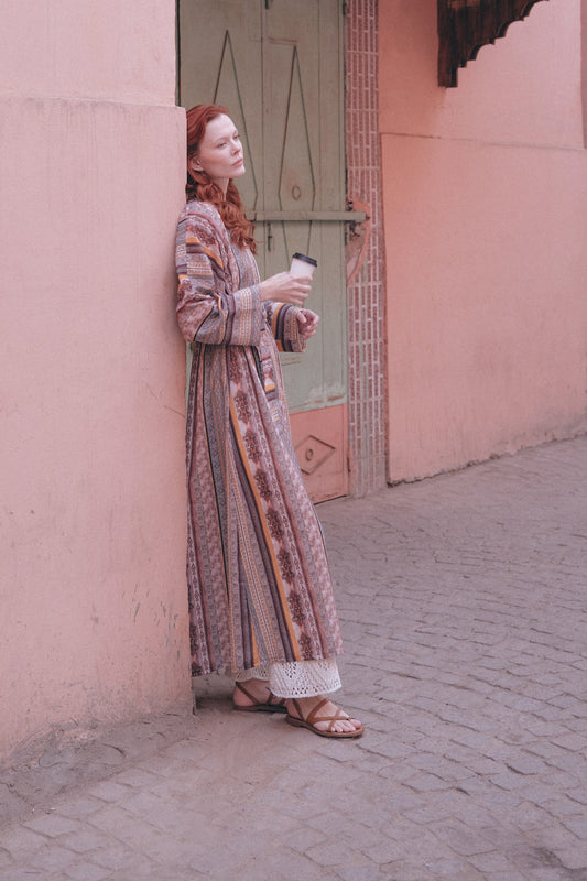 Etnik Desenli Yarasa Kol Keten Abaya - orange