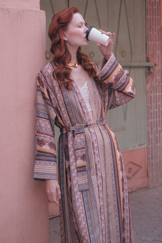 Etnik Desenli Yarasa Kol Keten Abaya - orange