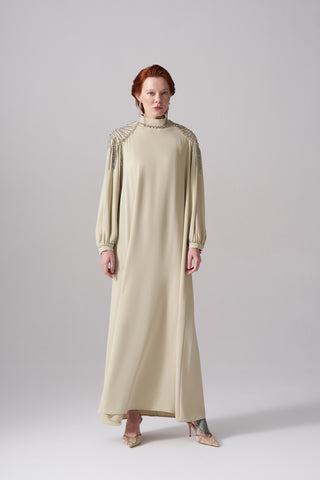 Kolları Şifon Detaylı Elişi İşlemeli Elbise - mimoza