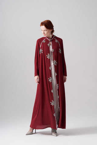 Şerit Taşlı ve Yaprak İşleme Detaylı Abaya - bordo