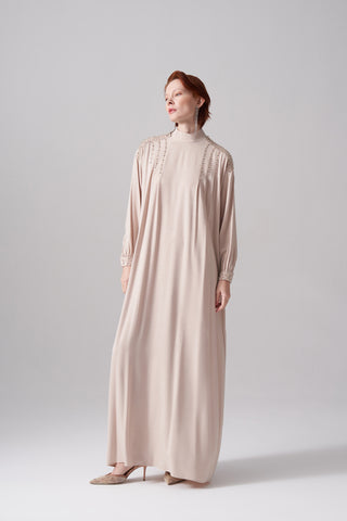 Jakar Elişi Detaylı Rahat Kalıp Elbise - bej