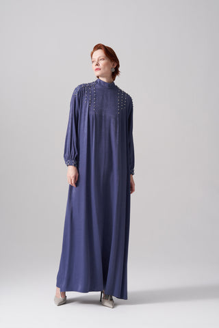 Jakar Elişi Detaylı Rahat Kalıp Elbise - indigo