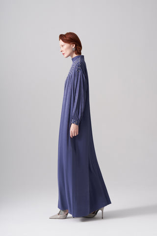 Jakar Elişi Detaylı Rahat Kalıp Elbise - indigo