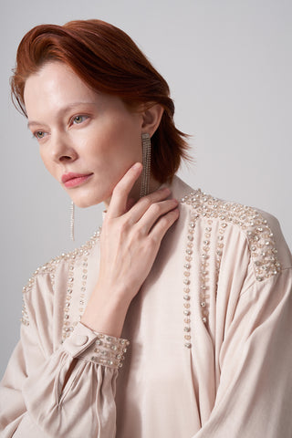 Jakar Elişi Detaylı Rahat Kalıp Elbise - bej