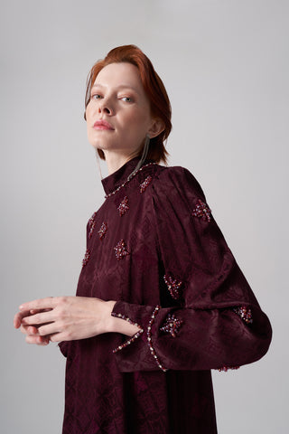 İpek Jakar Elişi Detaylı Elbise - bordo