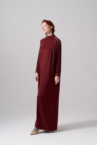 Jakar Elişi Detaylı Rahat Kalıp Elbise - bordo