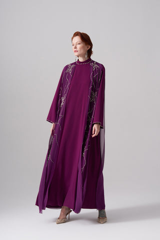 Ön ve Arka Şifon ve Elişi Detaylı Elbise - mürdüm