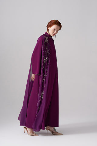 Ön ve Arka Şifon ve Elişi Detaylı Elbise - mürdüm