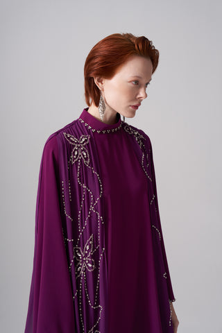 Ön ve Arka Şifon ve Elişi Detaylı Elbise - mürdüm