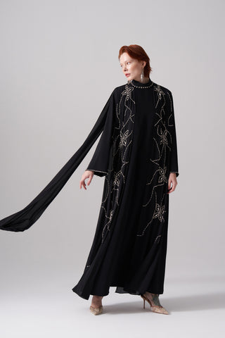 Ön ve Arka Şifon ve Elişi Detaylı Elbise - siyah