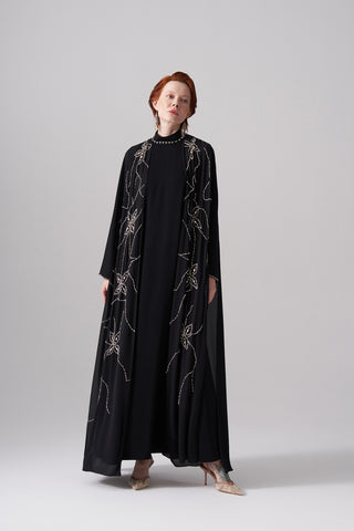 Ön ve Arka Şifon ve Elişi Detaylı Elbise - siyah