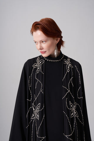 Ön ve Arka Şifon ve Elişi Detaylı Elbise - siyah