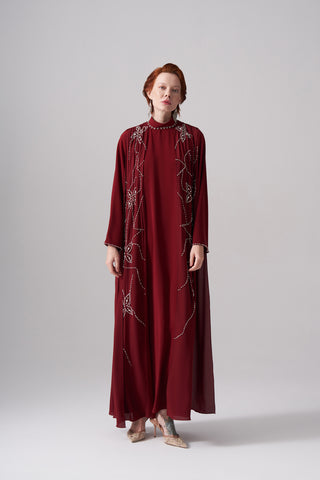 Ön ve Arka Şifon ve Elişi Detaylı Elbise - bordo