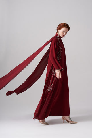 Ön ve Arka Şifon ve Elişi Detaylı Elbise - bordo