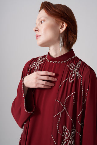 Ön ve Arka Şifon ve Elişi Detaylı Elbise - bordo