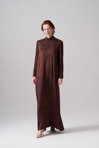 İpek Jakar Elişi Detaylı Elbise - kahve