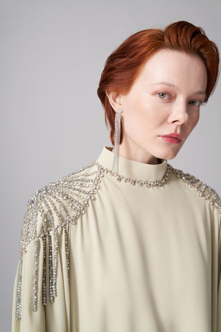 Kolları Şifon Detaylı Elişi İşlemeli Elbise - mimoza