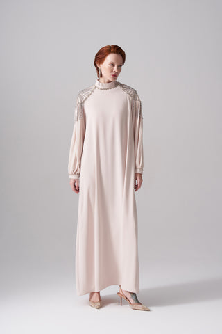 Kolları Şifon Detaylı Elişi İşlemeli Elbise - açık bej