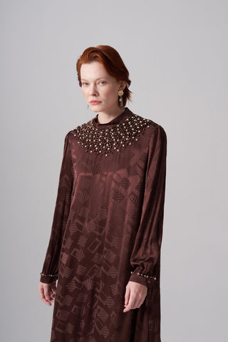 Jakar Desenli Taş İşlemeli Elbise - kahve