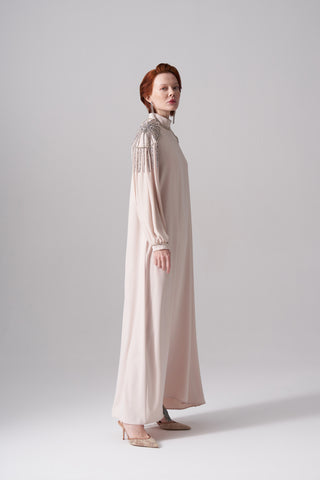 Kolları Şifon Detaylı Elişi İşlemeli Elbise - açık bej