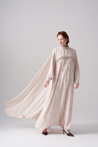 Serpme Elişi ve Şifon Detaylı Elbise - açık bej