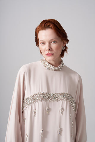 Serpme Elişi ve Şifon Detaylı Elbise - açık bej