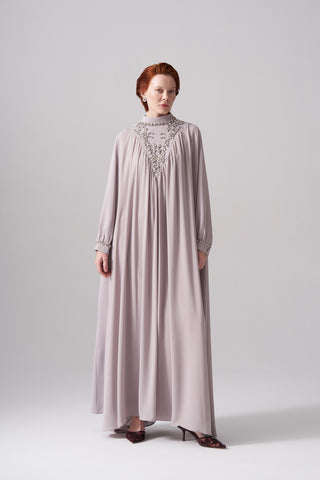 Şifon ve Elişi Detaylı Elbise - taş