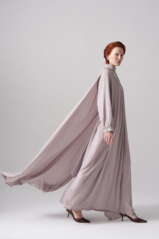 Şifon ve Elişi Detaylı Elbise - taş