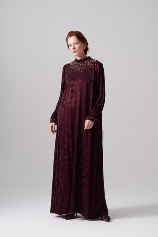 Jakar Desenli Taş İşlemeli Elbise - bordo