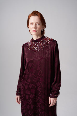 Jakar Desenli Taş İşlemeli Elbise - bordo