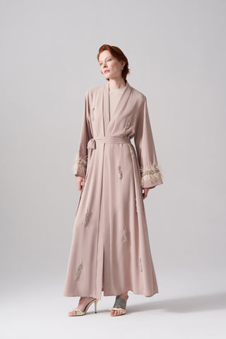 Tüy ve Elişi Detaylı Abaya - bej