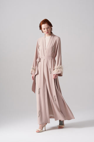 Tüy ve Elişi Detaylı Abaya - bej