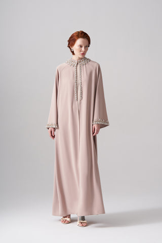 Kolları ve Yakası Elişi Detaylı Reglan Kol Abaya - bej