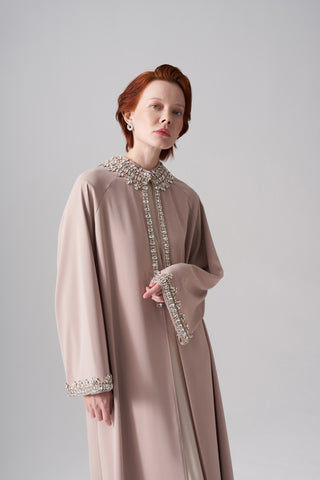 Kolları ve Yakası Elişi Detaylı Reglan Kol Abaya - bej
