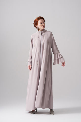 Yakası ve Kolları Dolama Taş İşleme Detaylı Abaya - bej