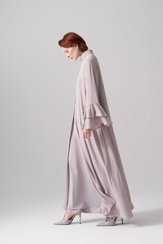Yakası ve Kolları Dolama Taş İşleme Detaylı Abaya - bej