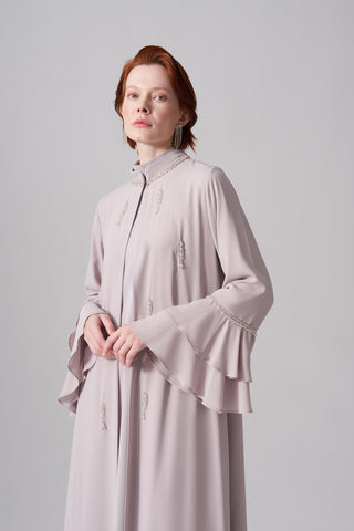 Yakası ve Kolları Dolama Taş İşleme Detaylı Abaya - bej