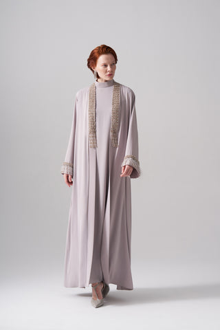 Elişi ve Tüy Detaylı Abaya - taş
