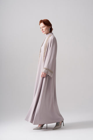 Elişi ve Tüy Detaylı Abaya - taş