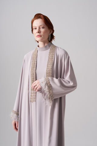 Elişi ve Tüy Detaylı Abaya - taş