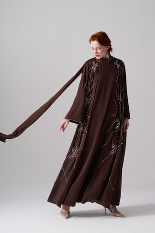 Ön ve Arka Şifon ve Elişi Detaylı Elbise - kahve