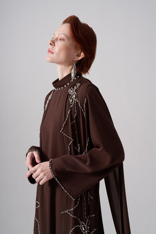 Ön ve Arka Şifon ve Elişi Detaylı Elbise - kahve