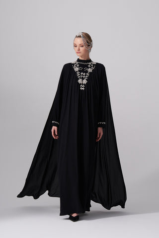 Şifon ve Elişi Detaylı Elbise - siyah