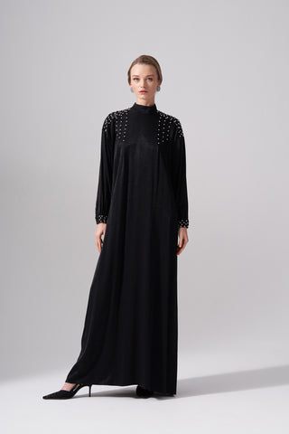 Jakar Elişi Detaylı Rahat Kalıp Elbise - siyah