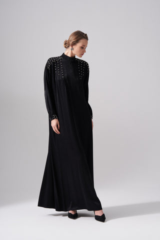 Jakar Elişi Detaylı Rahat Kalıp Elbise - siyah