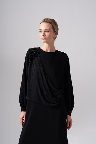 Omuzu Taş İşlemeli Şifon Detaylı Elbise - siyah