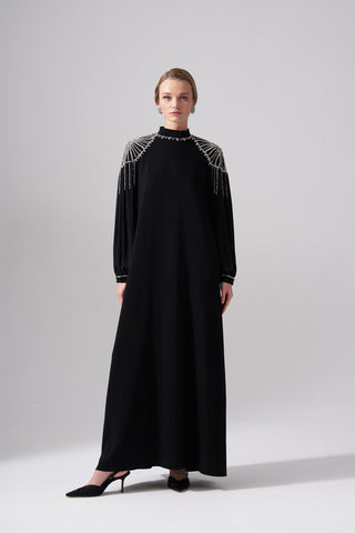 Kolları Şifon Detaylı Elişi İşlemeli Elbise - siyah