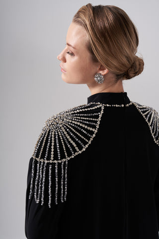 Kolları Şifon Detaylı Elişi İşlemeli Elbise - siyah