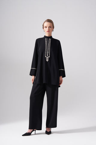 Önü Ve Kolları Taş İşleme Detaylı Krep İkili Takım - siyah