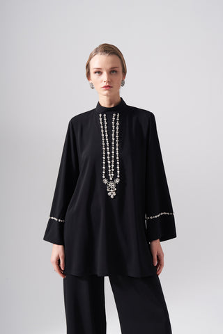 Önü Ve Kolları Taş İşleme Detaylı Krep İkili Takım - siyah